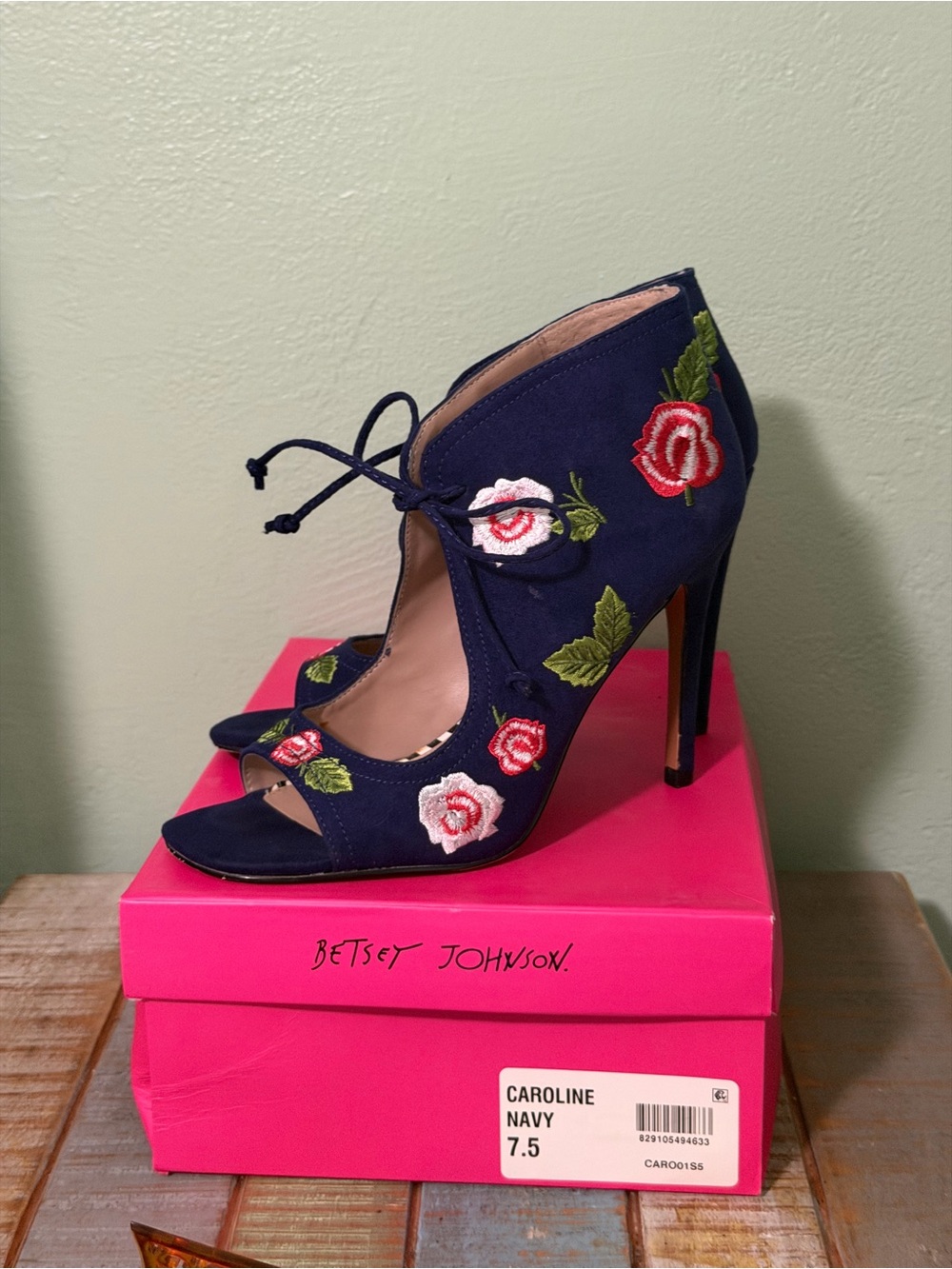 Betsey Johnson Navy Embroidered Rose Lace-Up Peep Toe Heels